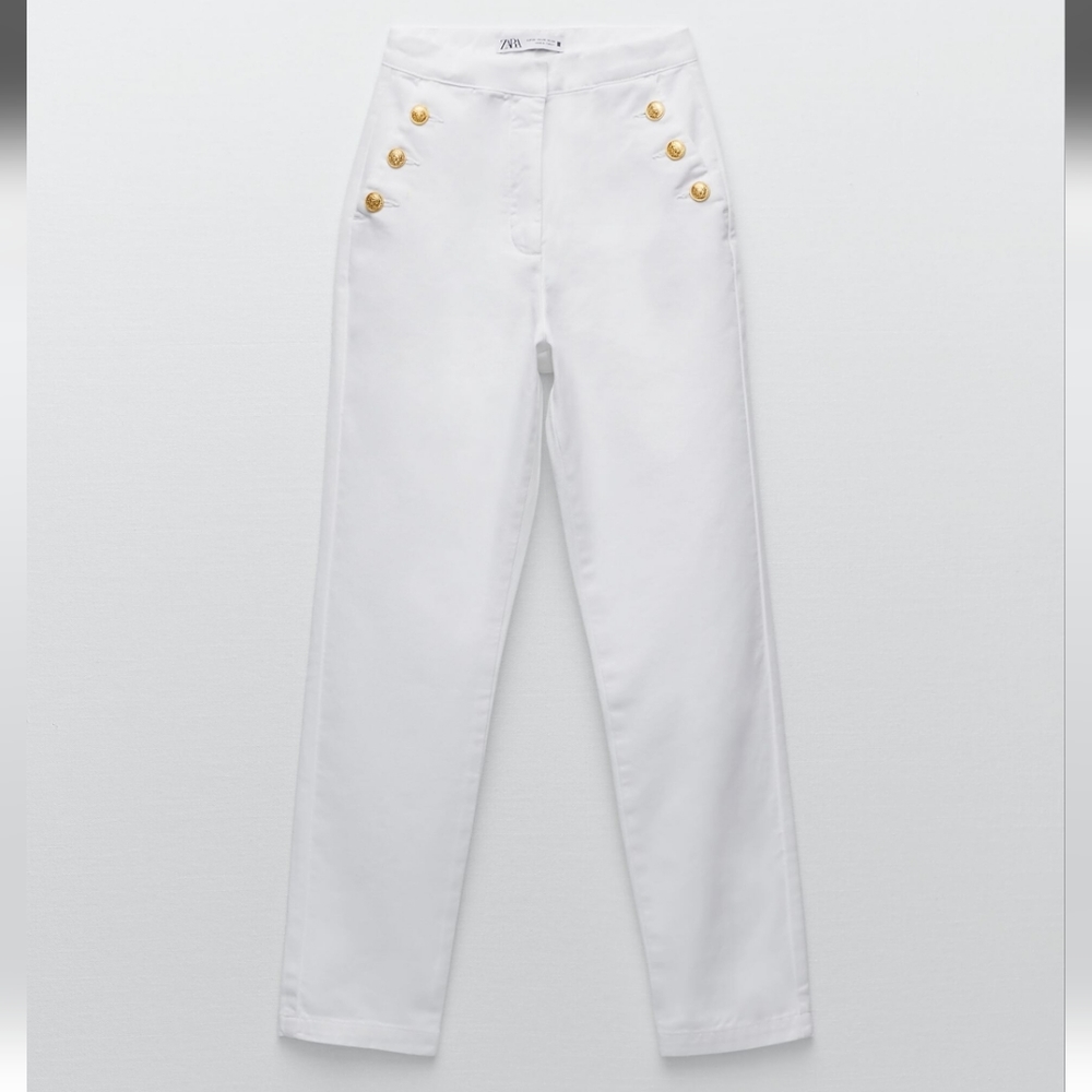 NWT Zara Gold Button Straight Leg White Jeans - Picture 8 of 11